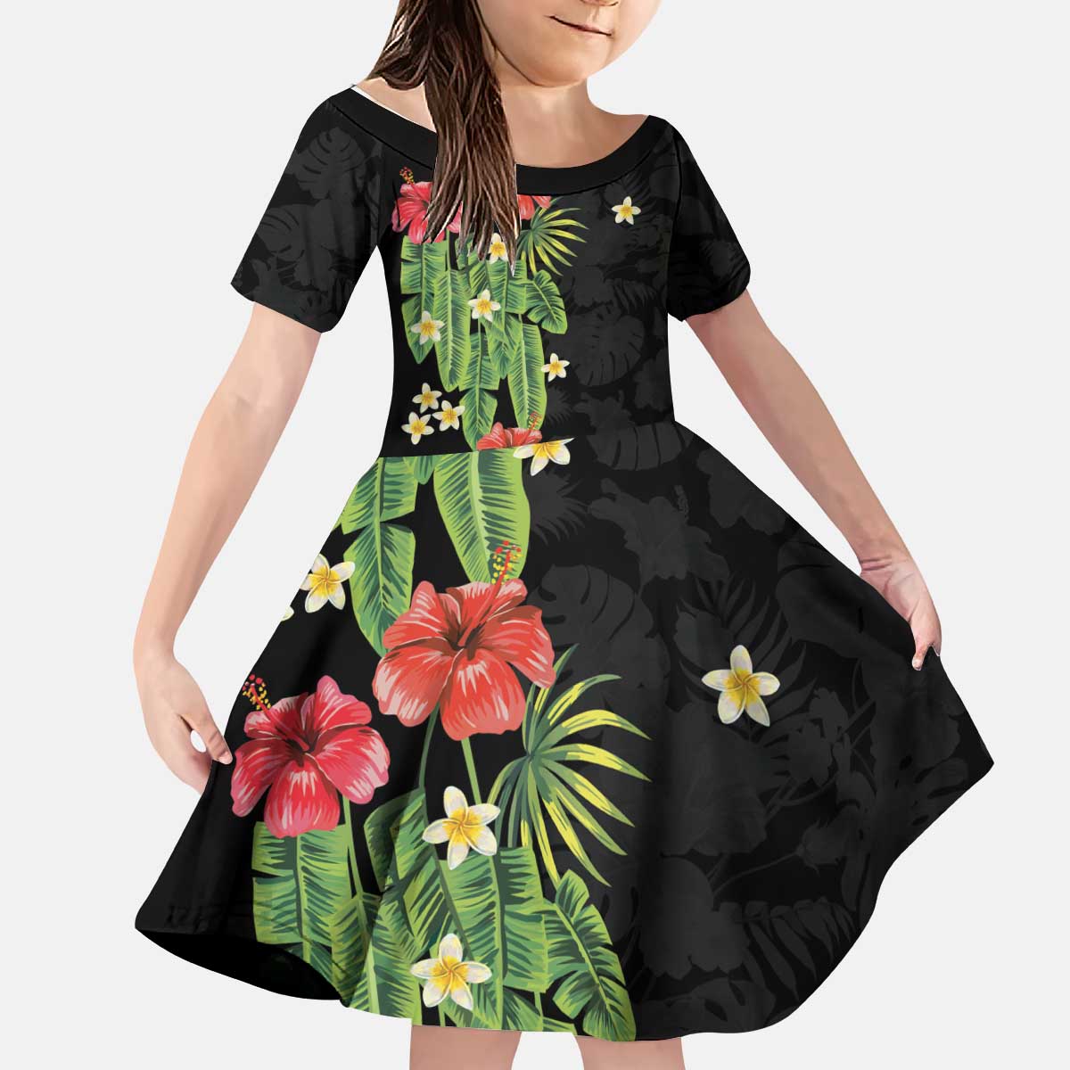 Hawaiian Hibiscus Plumeria Kid Short Sleeve Dress Tropical Leaves LT01 KID Black - Polynesian Pride