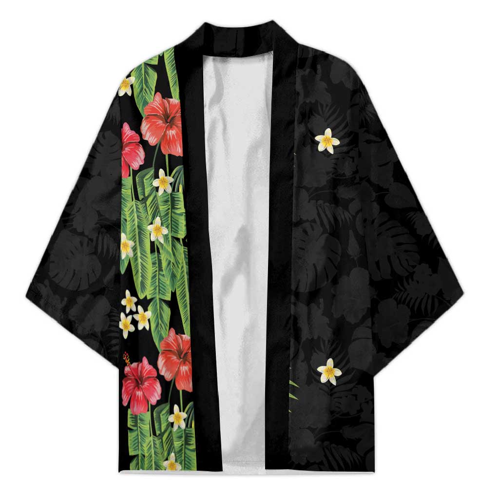 Hawaiian Hibiscus Plumeria Kimono Tropical Leaves LT01 Unisex Black - Polynesian Pride