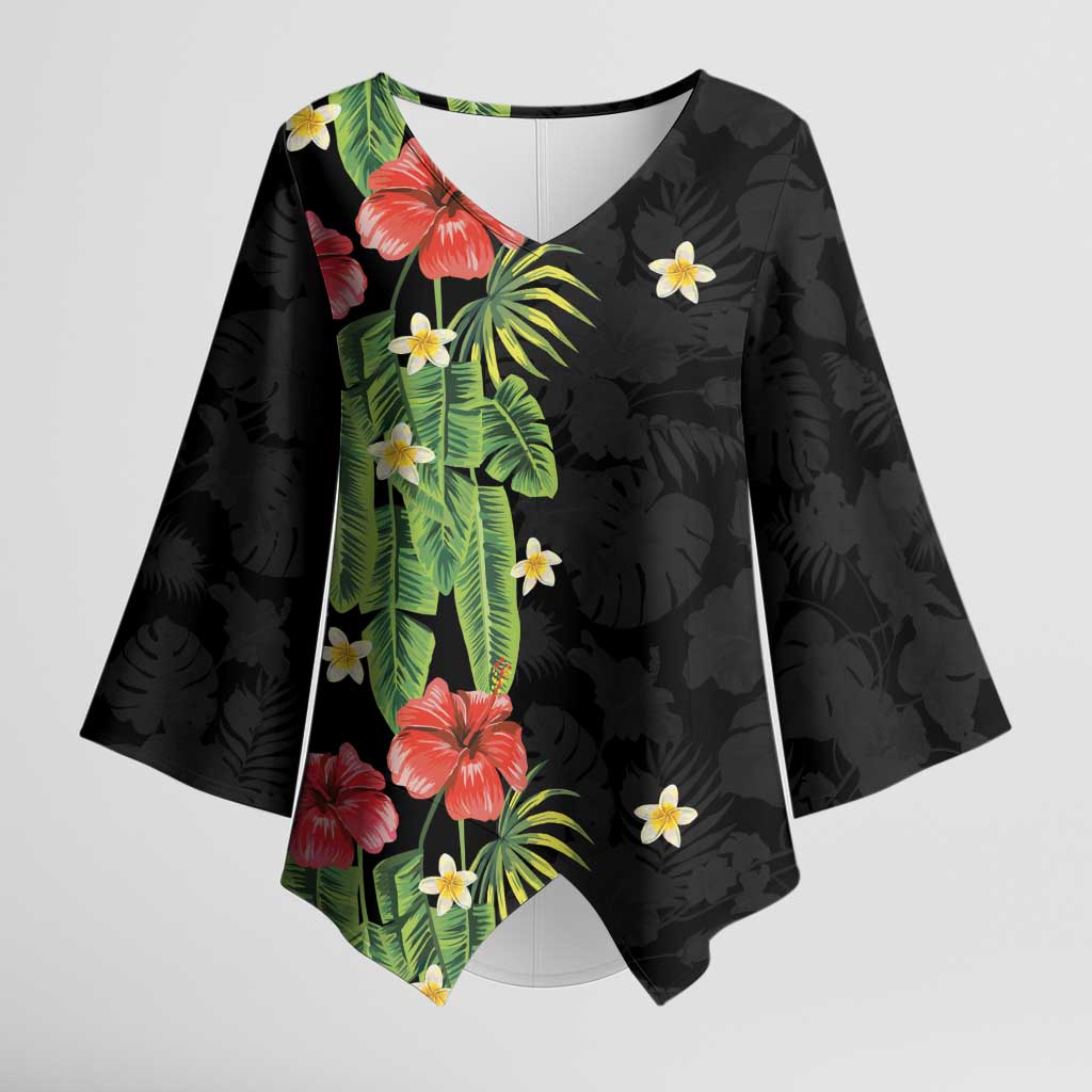 Hawaiian Hibiscus Plumeria Kimono Sleeve Blouse Tropical Leaves LT01 Female Black - Polynesian Pride