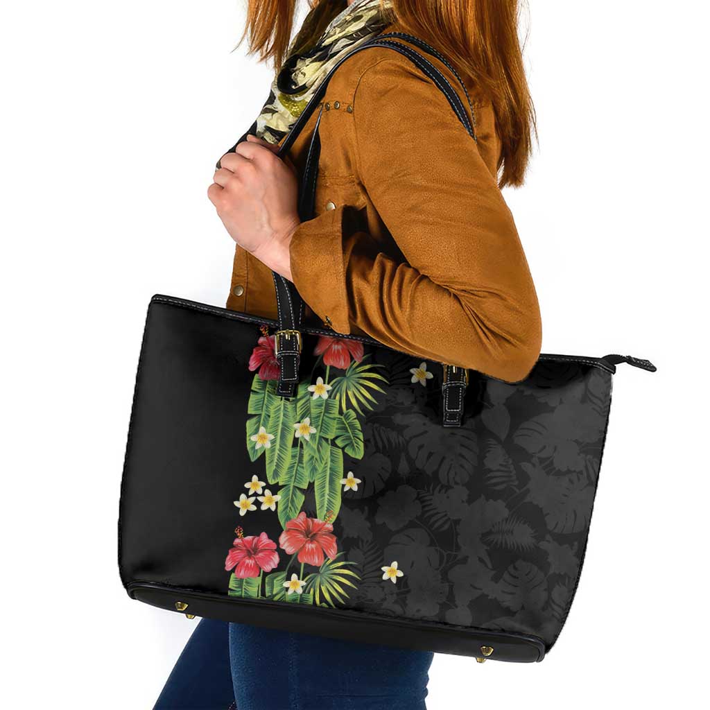 Hawaiian Hibiscus Plumeria Leather Tote Bag Tropical Leaves LT01 Black - Polynesian Pride
