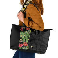 Hawaiian Hibiscus Plumeria Leather Tote Bag Tropical Leaves LT01 Black - Polynesian Pride