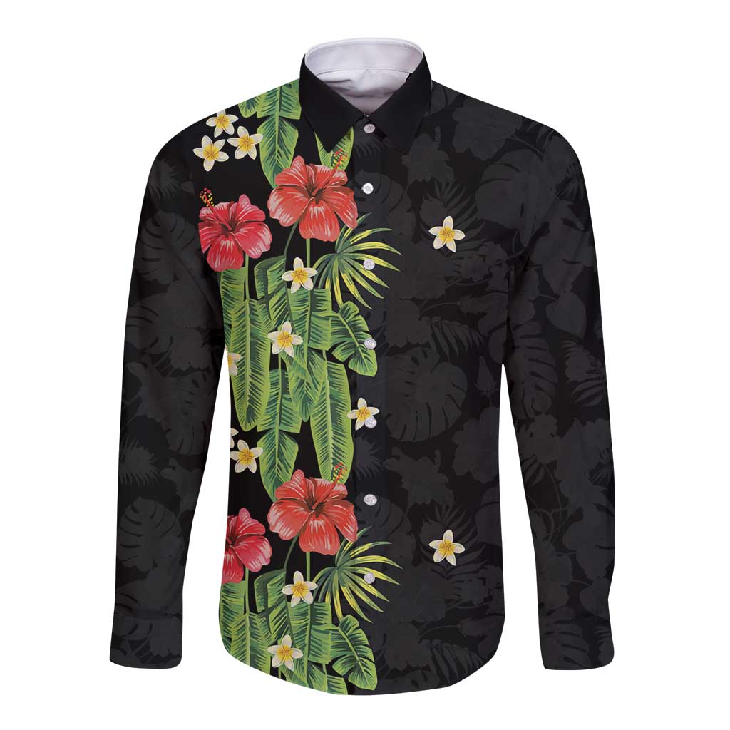 Hawaiian Hibiscus Plumeria Long Sleeve Button Shirt Tropical Leaves LT01 Unisex Black - Polynesian Pride