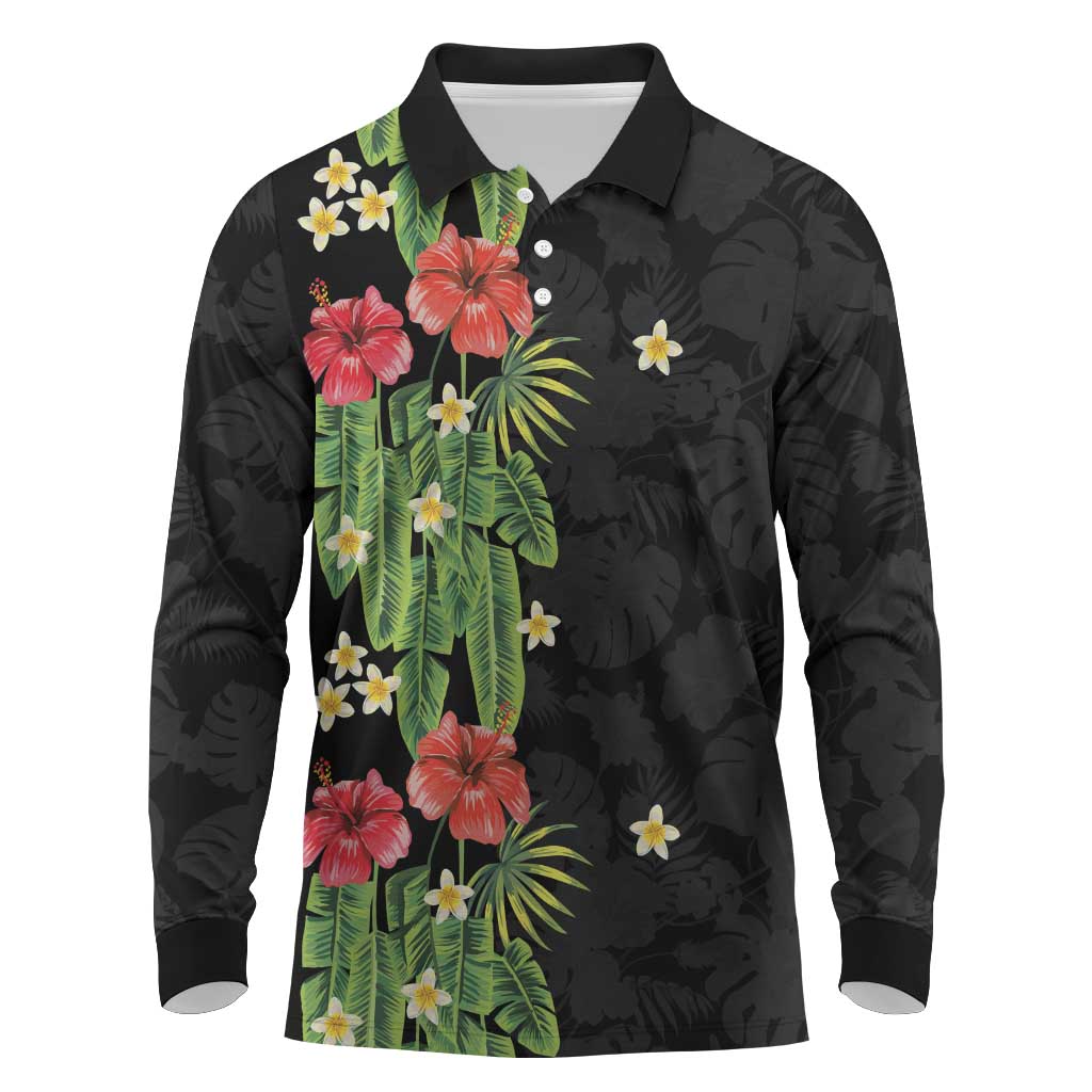 Hawaiian Hibiscus Plumeria Long Sleeve Polo Shirt Tropical Leaves LT01 Black - Polynesian Pride