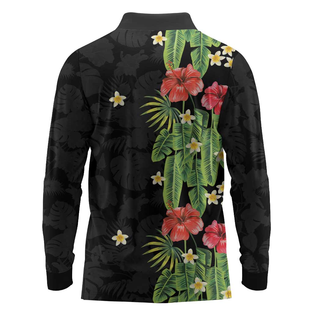 Hawaiian Hibiscus Plumeria Long Sleeve Polo Shirt Tropical Leaves LT01 - Polynesian Pride