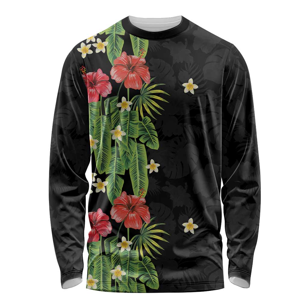 Hawaiian Hibiscus Plumeria Long Sleeve Shirt Tropical Leaves LT01 Unisex Black - Polynesian Pride