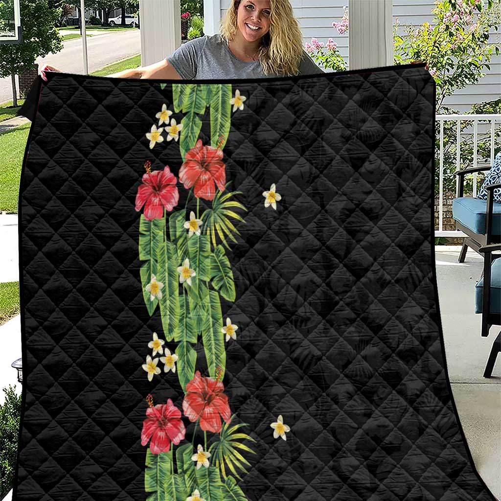 Hawaiian Hibiscus Plumeria Quilt Tropical Leaves LT01 Black - Polynesian Pride