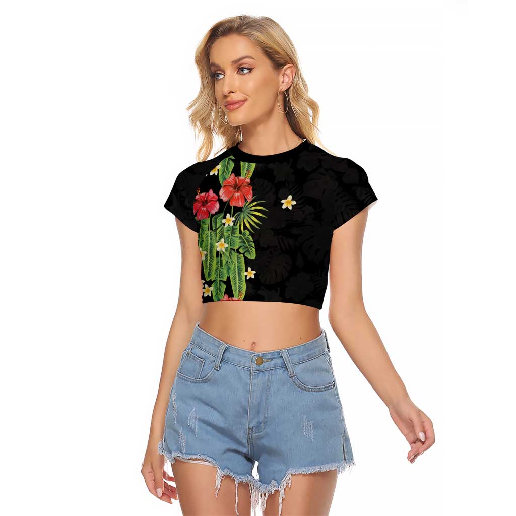 Hawaiian Hibiscus Plumeria Raglan Cropped T Shirt Tropical Leaves