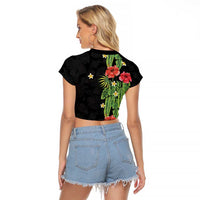 Hawaiian Hibiscus Plumeria Raglan Cropped T Shirt Tropical Leaves