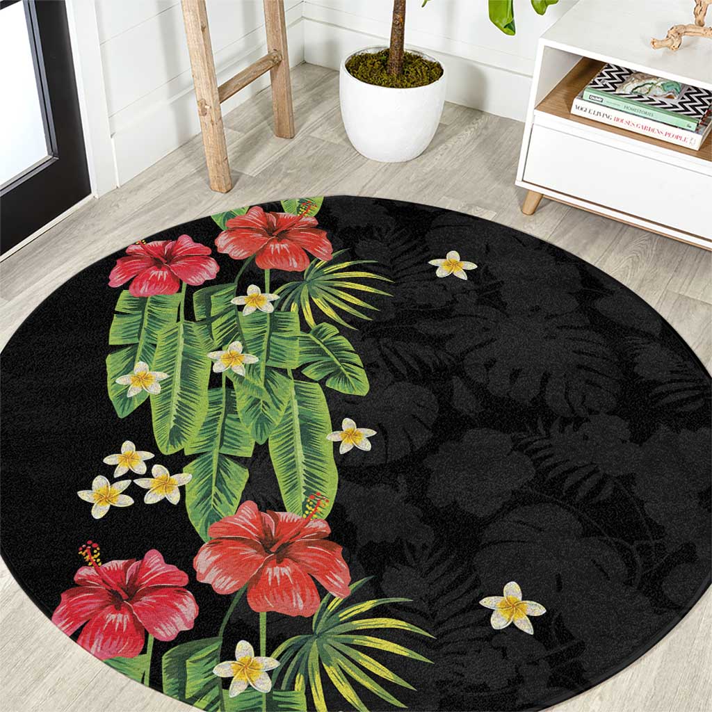 Hawaiian Hibiscus Plumeria Round Carpet Tropical Leaves LT01 Black - Polynesian Pride