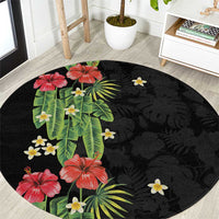 Hawaiian Hibiscus Plumeria Round Carpet Tropical Leaves LT01 Black - Polynesian Pride