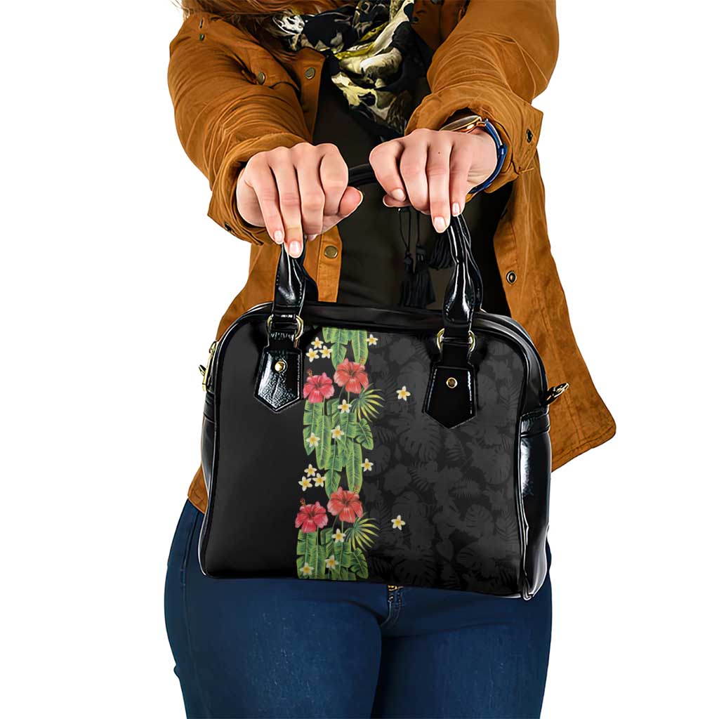 Hawaiian Hibiscus Plumeria Shoulder Handbag Tropical Leaves LT01 One Size Black - Polynesian Pride
