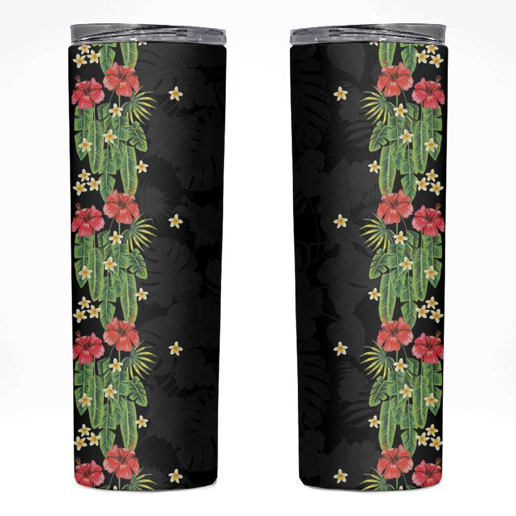Hawaiian Hibiscus Plumeria Skinny Tumbler Tropical Leaves LT01 Black - Polynesian Pride