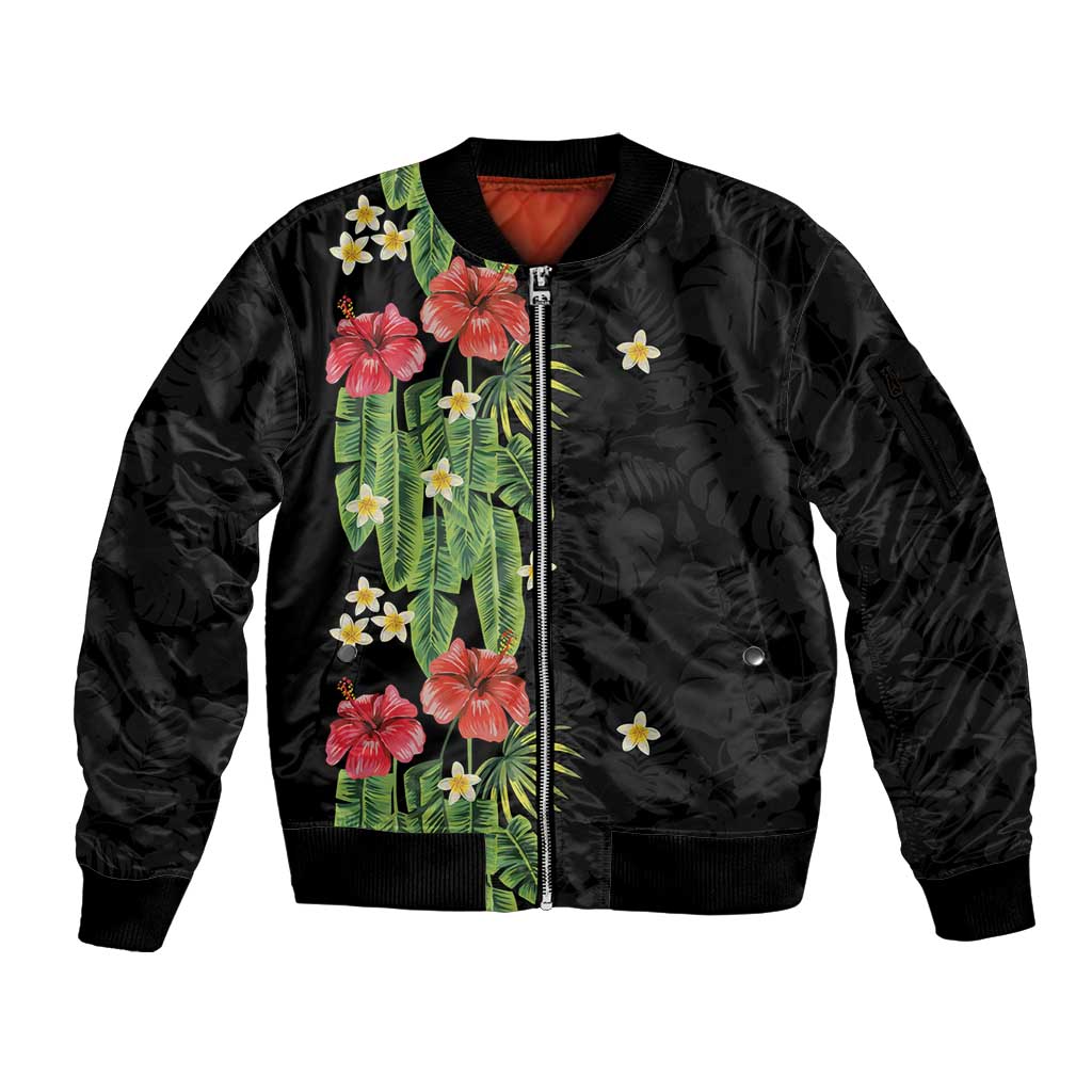 Hawaiian Hibiscus Plumeria Sleeve Zip Bomber Jacket Tropical Leaves LT01 Unisex Black - Polynesian Pride