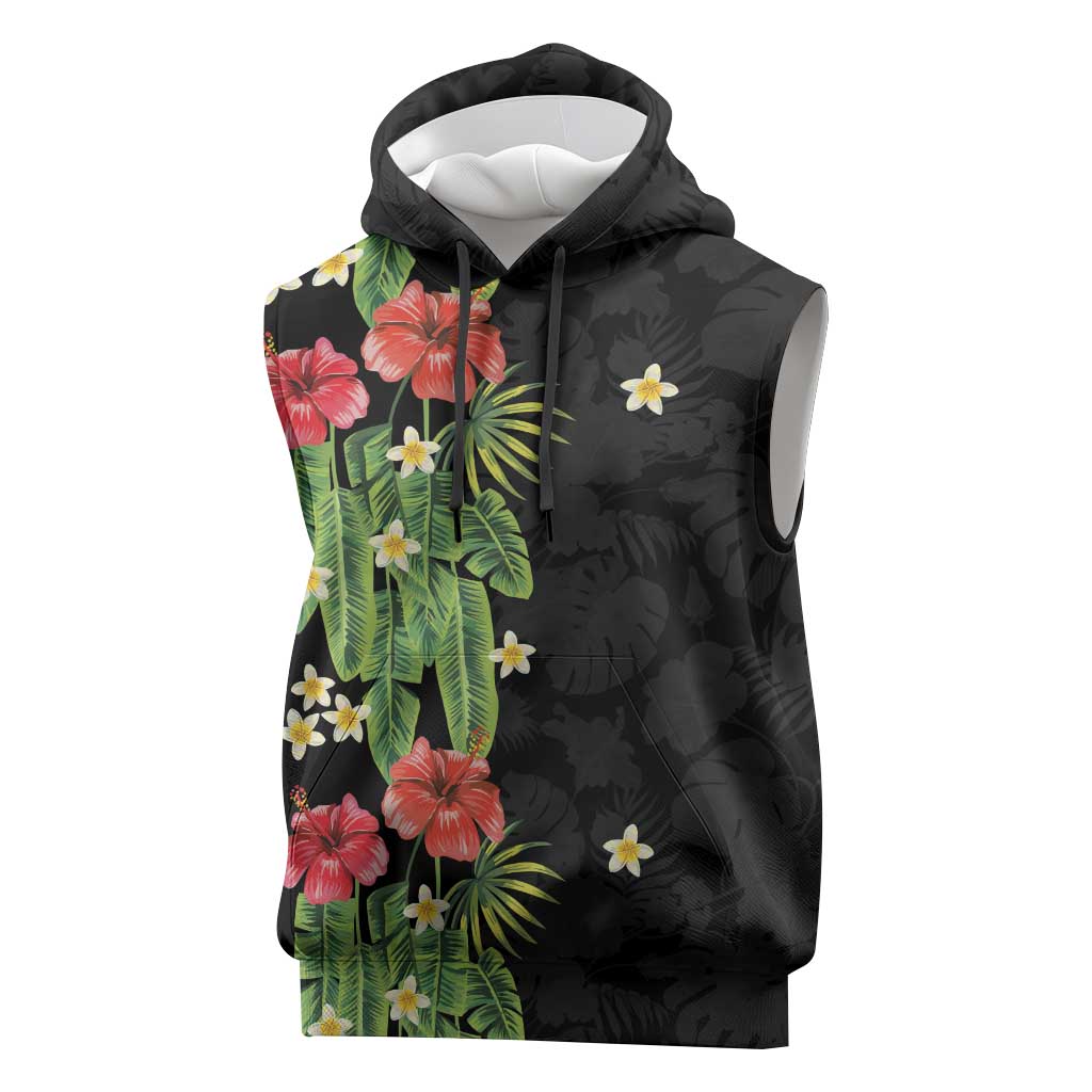 Hawaiian Hibiscus Plumeria Sleeveless Hoodie Tropical Leaves LT01 Black - Polynesian Pride