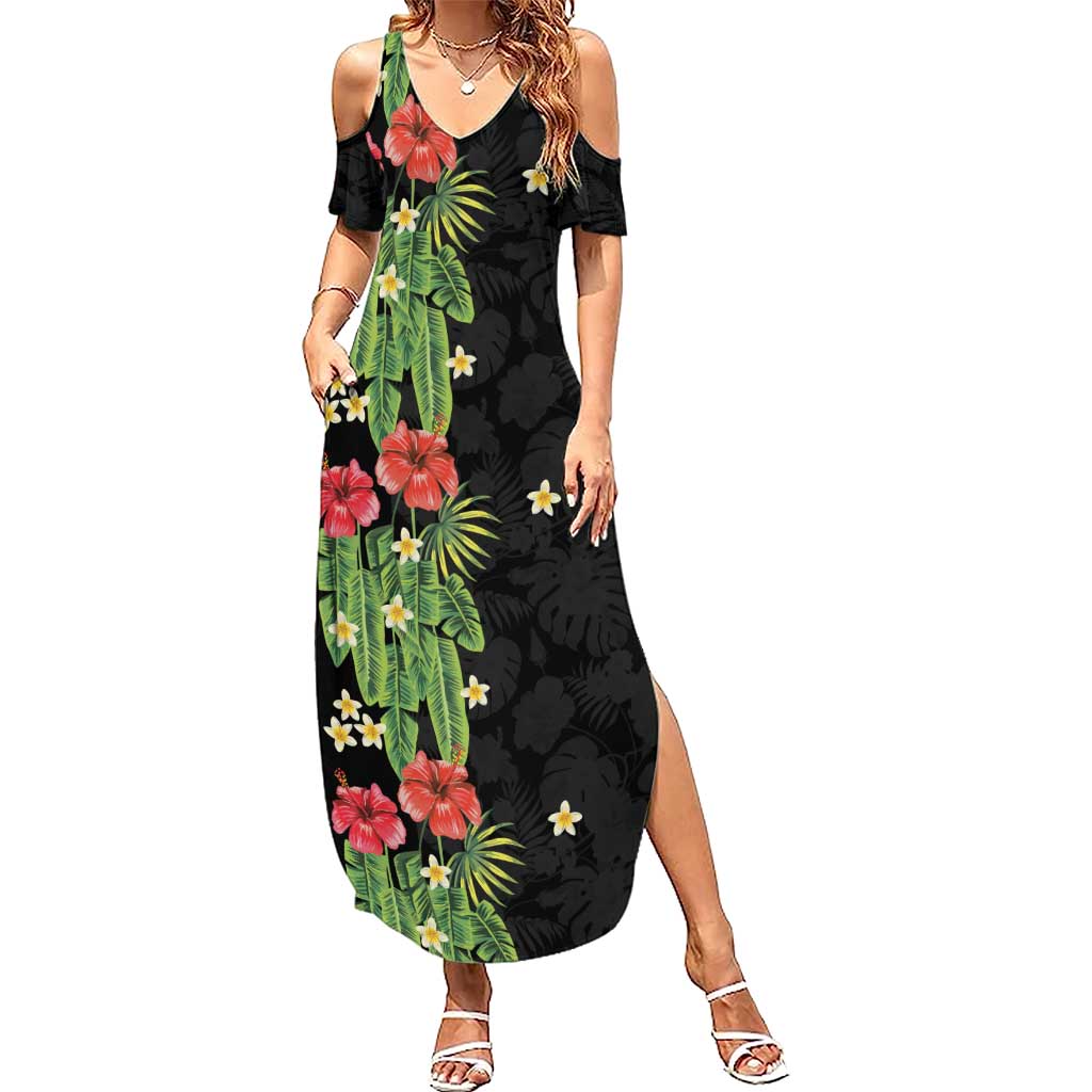 Hawaiian Hibiscus Plumeria Summer Maxi Dress Tropical Leaves