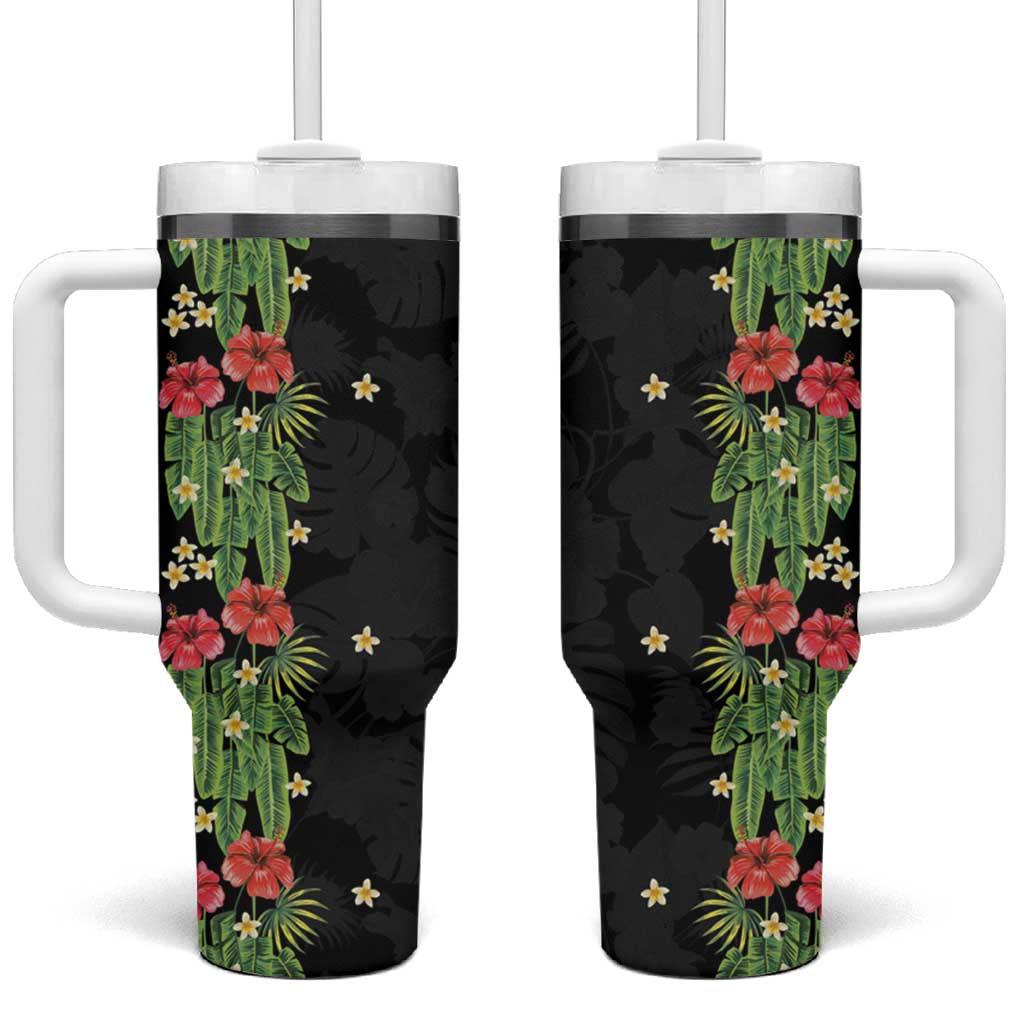 Hawaiian Hibiscus Plumeria Tumbler With Handle Tropical Leaves LT01 One Size: 40 oz Black - Polynesian Pride