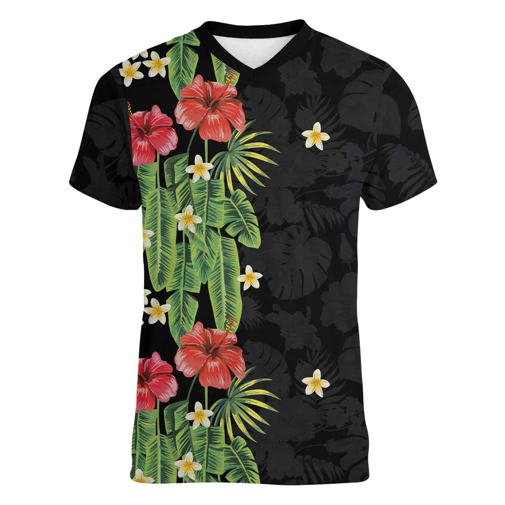 Hawaiian Hibiscus Plumeria Women V-Neck T-Shirt Tropical Leaves