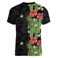 Hawaiian Hibiscus Plumeria Women V-Neck T-Shirt Tropical Leaves