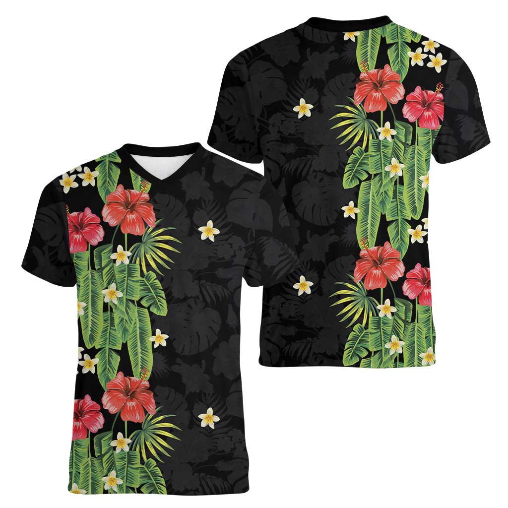 Hawaiian Hibiscus Plumeria Women V-Neck T-Shirt Tropical Leaves