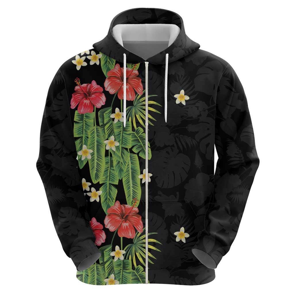 Hawaiian Hibiscus Plumeria Zip Hoodie Tropical Leaves LT01 - Polynesian Pride