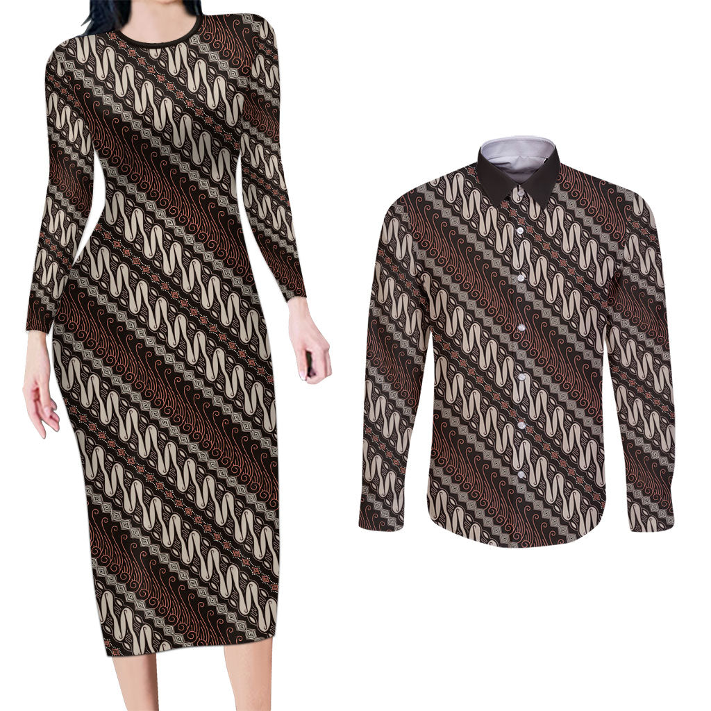 Yogyakarta Parang Batik Motifs Couples Matching Long Sleeve Bodycon Dress and Long Sleeve Button Shirt Indonesian Traditional Pattern