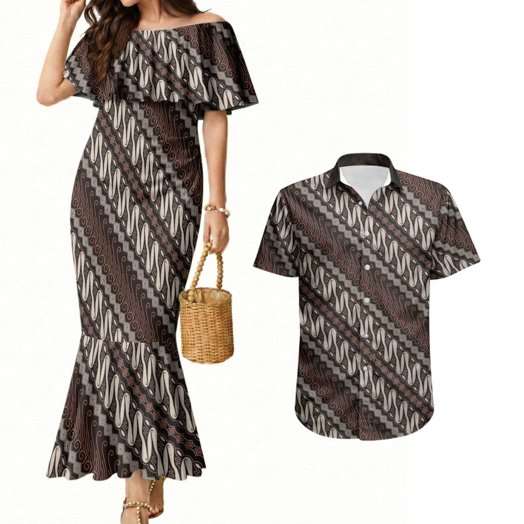 Yogyakarta Parang Batik Motifs Couples Matching Mermaid Dress and Hawaiian Shirt Indonesian Traditional Pattern LT01 Brown - Polynesian Pride