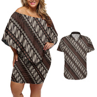 Yogyakarta Parang Batik Motifs Couples Matching Off Shoulder Short Dress and Hawaiian Shirt Indonesian Traditional Pattern