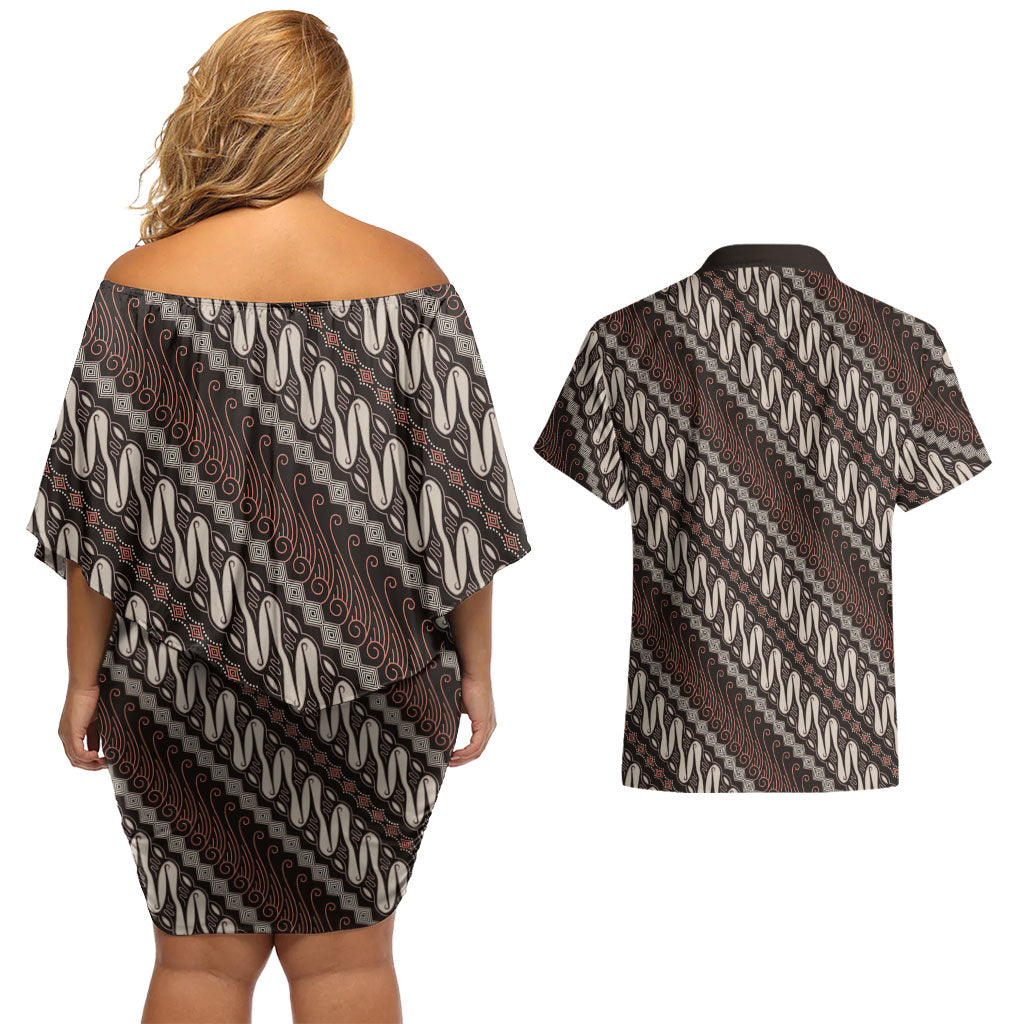 Yogyakarta Parang Batik Motifs Couples Matching Off Shoulder Short Dress and Hawaiian Shirt Indonesian Traditional Pattern