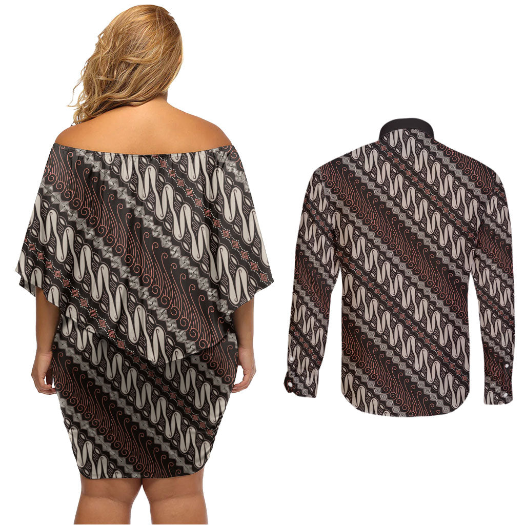 Yogyakarta Parang Batik Motifs Couples Matching Off Shoulder Short Dress and Long Sleeve Button Shirt Indonesian Traditional Pattern