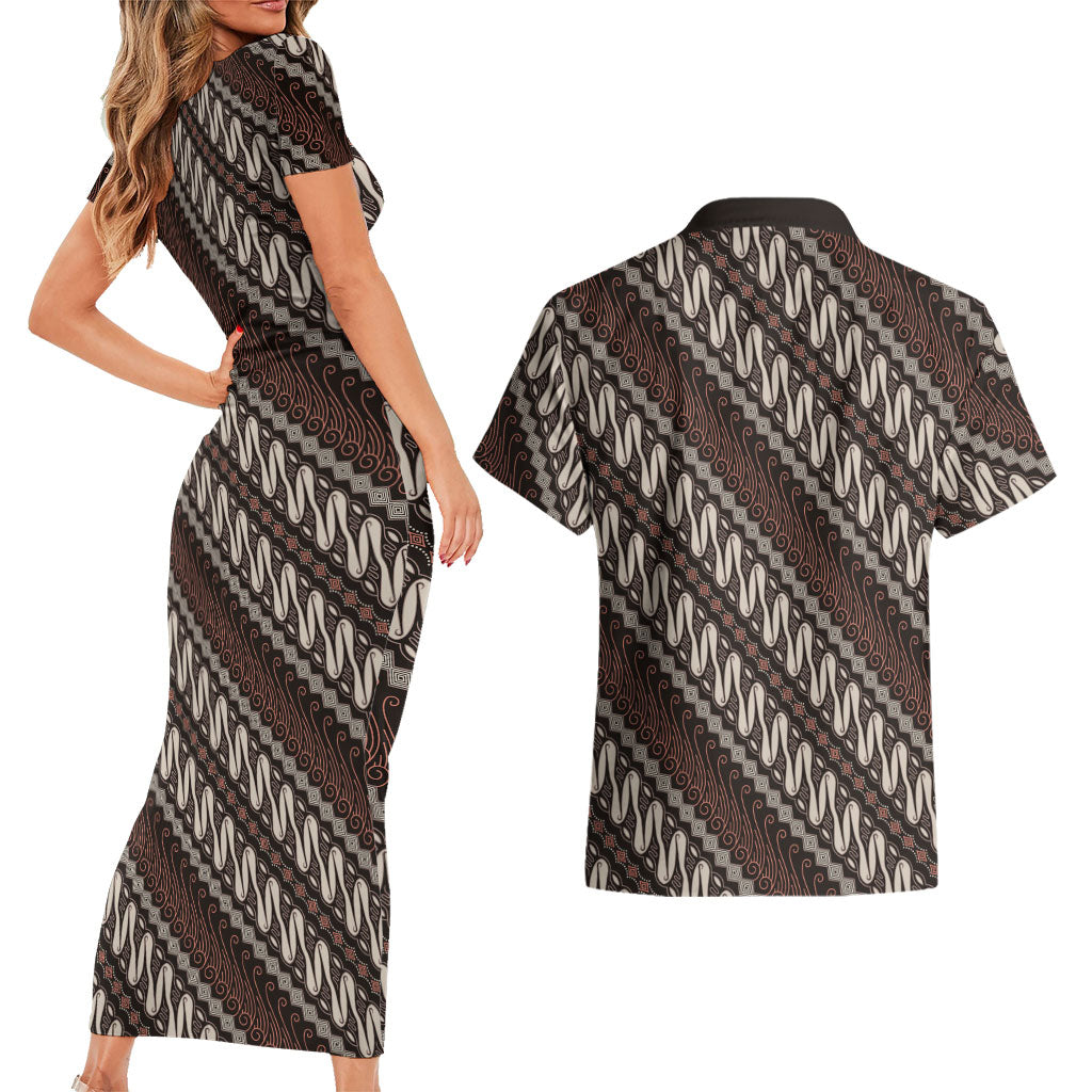 Yogyakarta Parang Batik Motifs Couples Matching Short Sleeve Bodycon Dress and Hawaiian Shirt Indonesian Traditional Pattern
