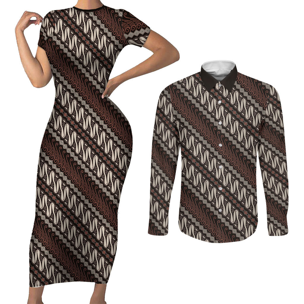 Yogyakarta Parang Batik Motifs Couples Matching Short Sleeve Bodycon Dress and Long Sleeve Button Shirt Indonesian Traditional Pattern LT01 Brown - Polynesian Pride