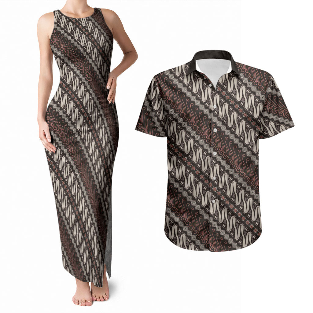 Yogyakarta Parang Batik Motifs Couples Matching Tank Maxi Dress and Hawaiian Shirt Indonesian Traditional Pattern LT01 Brown - Polynesian Pride