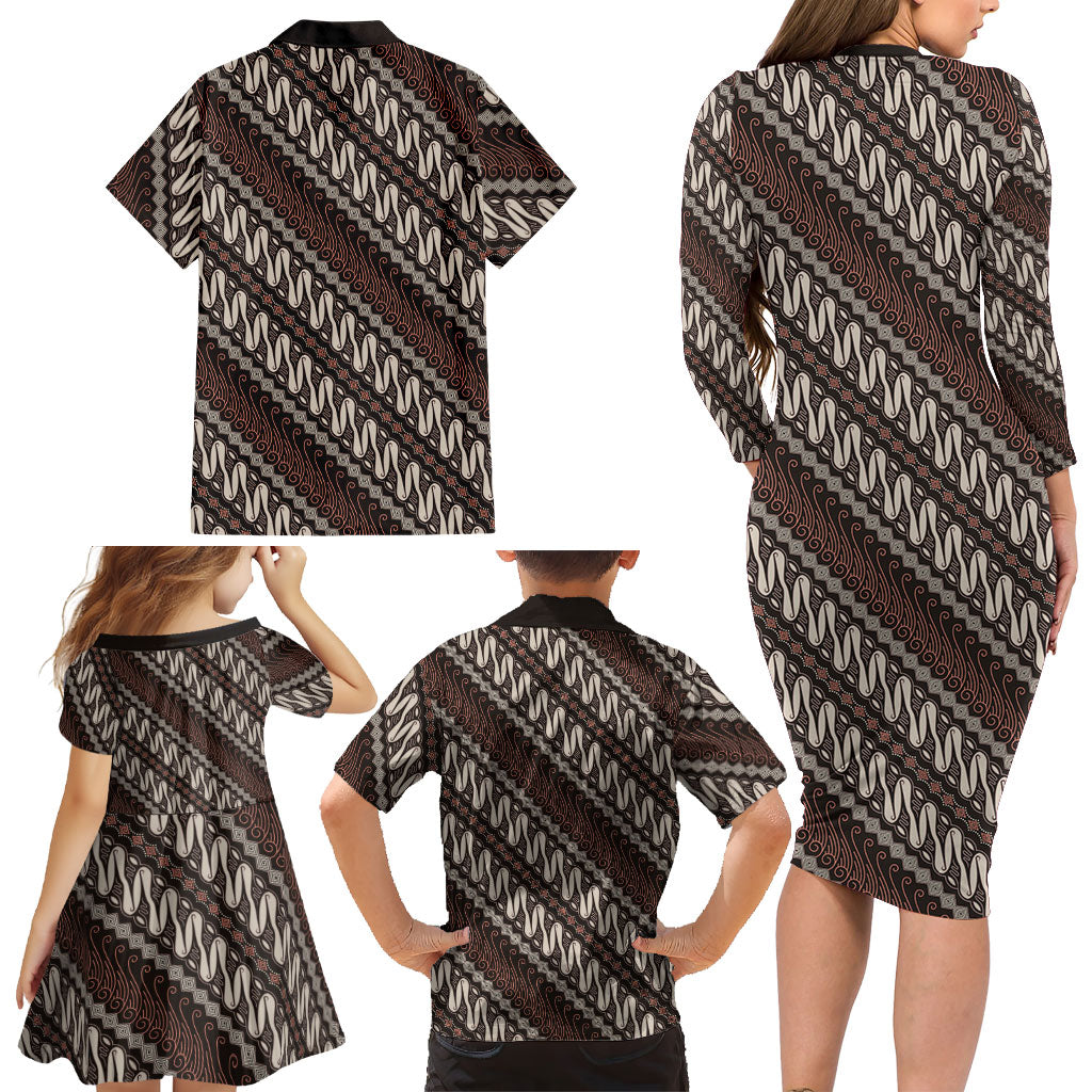 Yogyakarta Parang Batik Motifs Family Matching Long Sleeve Bodycon Dress and Hawaiian Shirt Indonesian Traditional Pattern