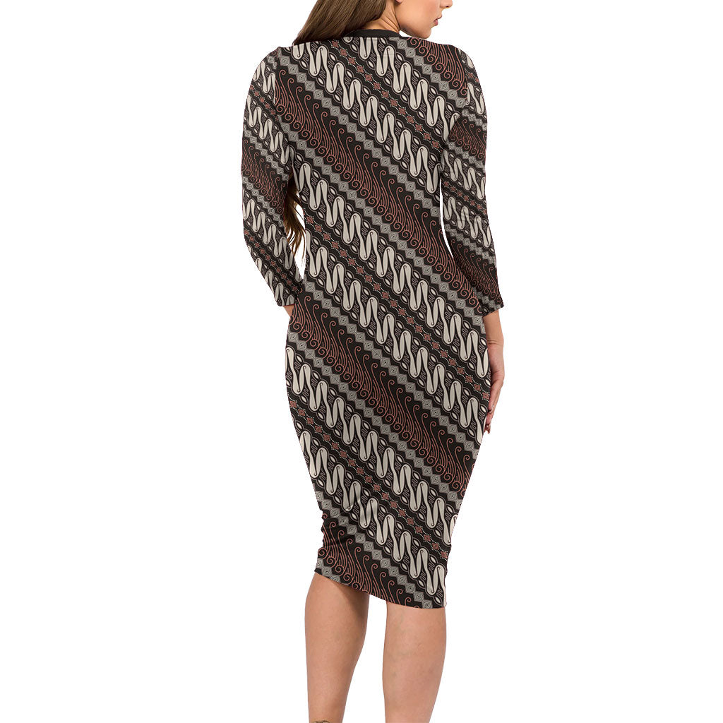 Yogyakarta Parang Batik Motifs Family Matching Long Sleeve Bodycon Dress and Hawaiian Shirt Indonesian Traditional Pattern