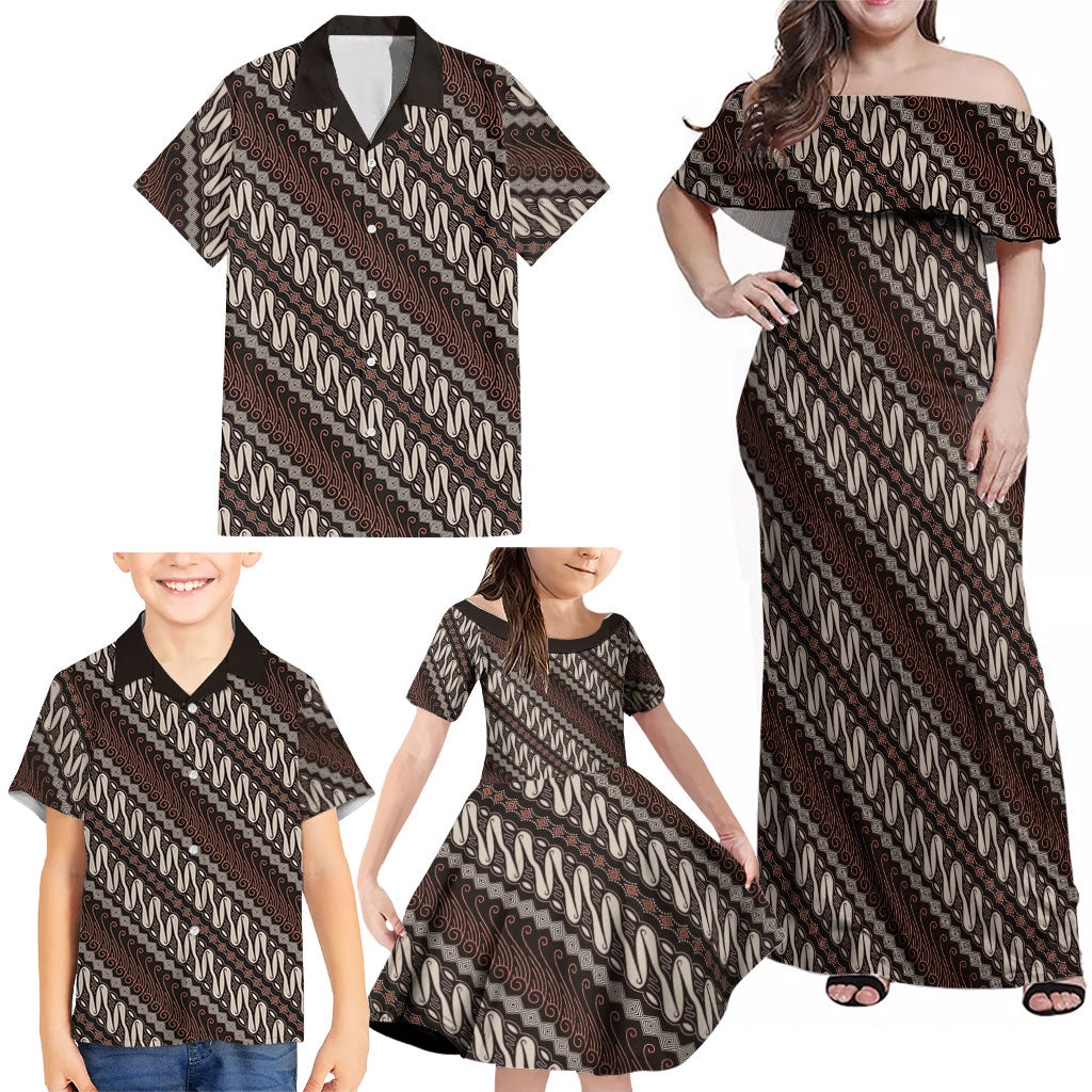 Yogyakarta Parang Batik Motifs Family Matching Off Shoulder Maxi Dress and Hawaiian Shirt Indonesian Traditional Pattern