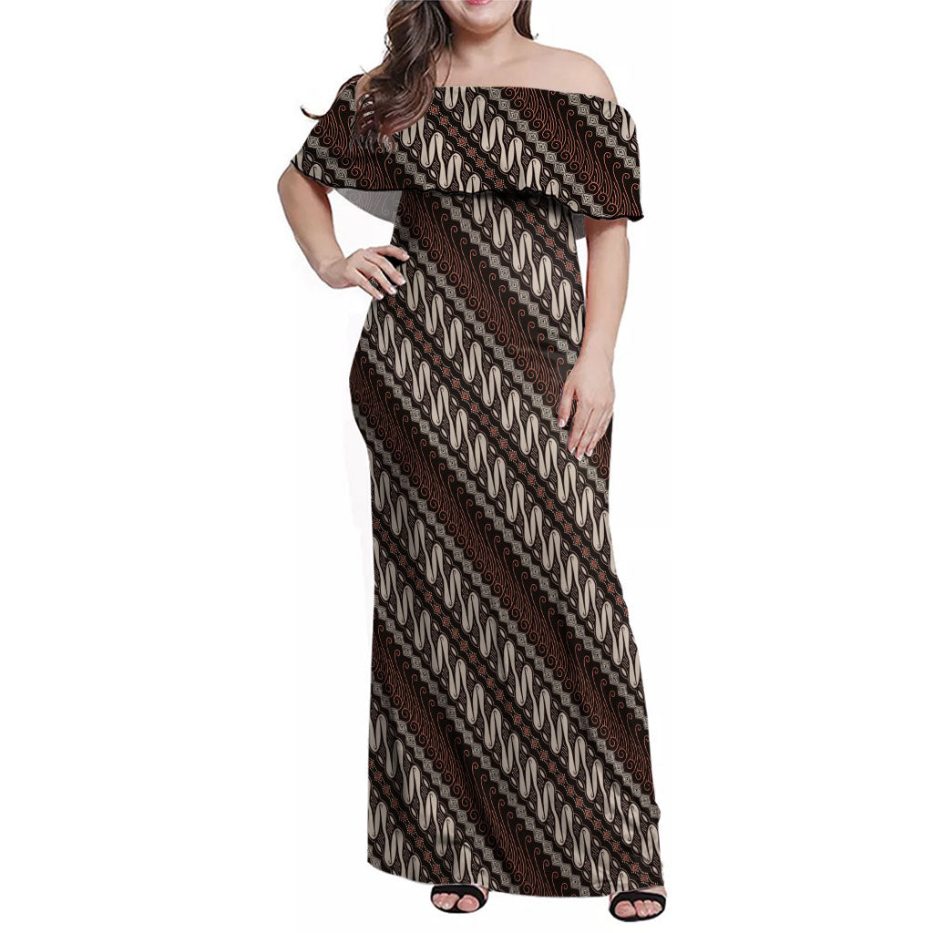 Yogyakarta Parang Batik Motifs Family Matching Off Shoulder Maxi Dress and Hawaiian Shirt Indonesian Traditional Pattern