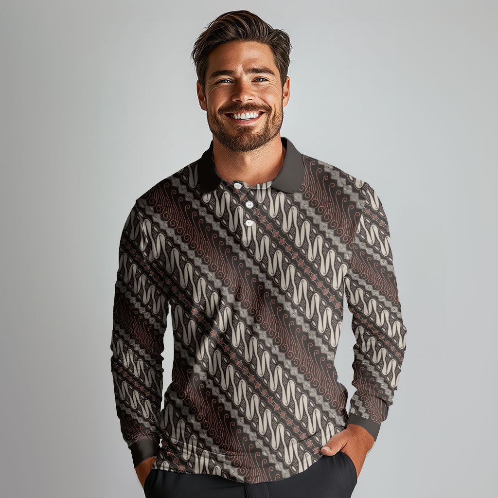 Yogyakarta Parang Batik Motifs Long Sleeve Polo Shirt Indonesian Traditional Pattern