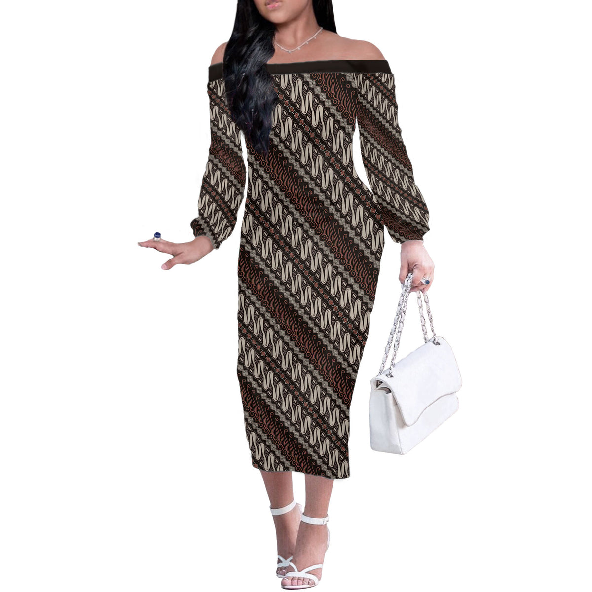 Yogyakarta Parang Batik Motifs Off The Shoulder Long Sleeve Dress Indonesian Traditional Pattern