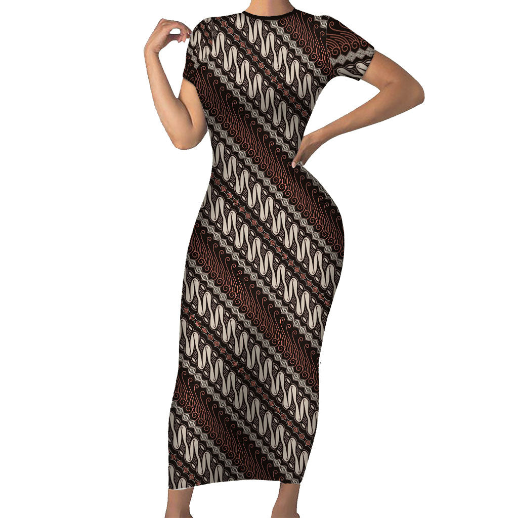 Yogyakarta Parang Batik Motifs Short Sleeve Bodycon Dress Indonesian Traditional Pattern