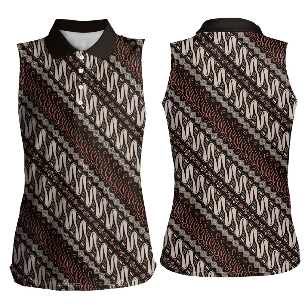 Yogyakarta Parang Batik Motifs Women Sleeveless Polo Shirt Indonesian Traditional Pattern