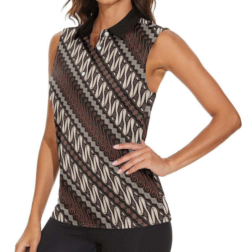 Yogyakarta Parang Batik Motifs Women Sleeveless Polo Shirt Indonesian Traditional Pattern