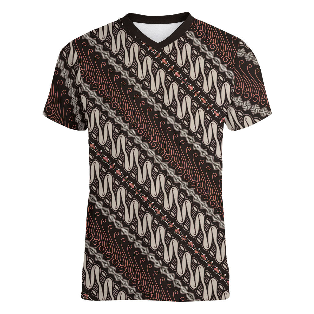 Yogyakarta Parang Batik Motifs Women V-Neck T-Shirt Indonesian Traditional Pattern