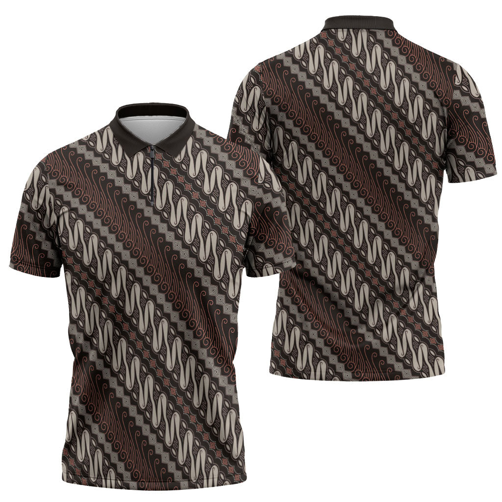 Yogyakarta Parang Batik Motifs Zipper Polo Shirt Indonesian Traditional Pattern