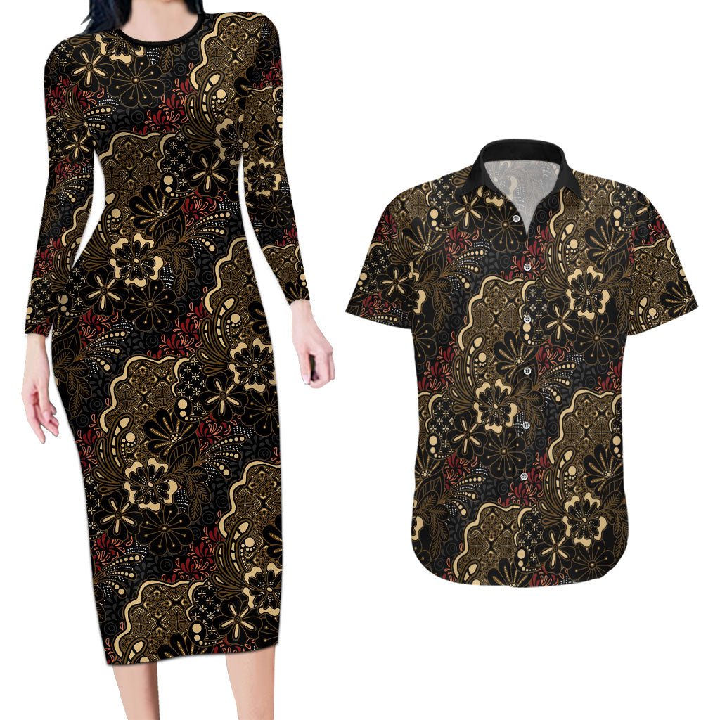 Batik Sekar Jagad Couples Matching Long Sleeve Bodycon Dress and Hawaiian Shirt Indonesian Traditional Pattern