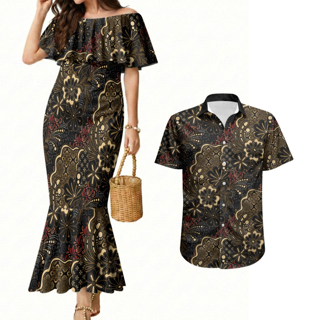 Batik Sekar Jagad Couples Matching Mermaid Dress and Hawaiian Shirt Indonesian Traditional Pattern LT01 Black - Polynesian Pride
