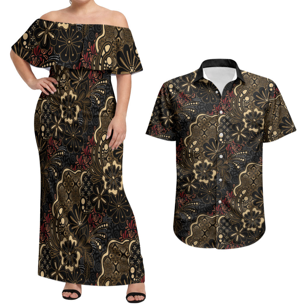 Batik Sekar Jagad Couples Matching Off Shoulder Maxi Dress and Hawaiian Shirt Indonesian Traditional Pattern LT01 Black - Polynesian Pride