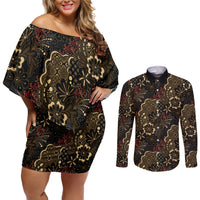 Batik Sekar Jagad Couples Matching Off Shoulder Short Dress and Long Sleeve Button Shirt Indonesian Traditional Pattern