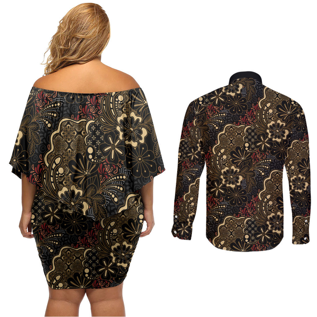 Batik Sekar Jagad Couples Matching Off Shoulder Short Dress and Long Sleeve Button Shirt Indonesian Traditional Pattern
