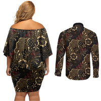 Batik Sekar Jagad Couples Matching Off Shoulder Short Dress and Long Sleeve Button Shirt Indonesian Traditional Pattern