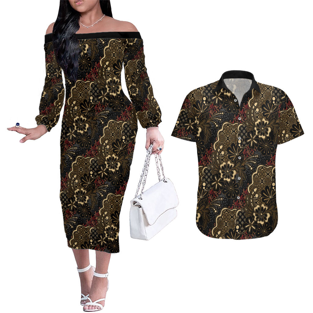 Batik Sekar Jagad Couples Matching Off The Shoulder Long Sleeve Dress and Hawaiian Shirt Indonesian Traditional Pattern
